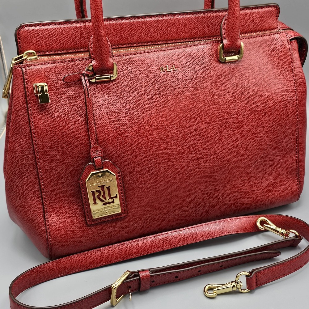 Lauren Ralph Lauren Marcy Red Pebbled Leather Satchel Bag RLL Convertible Carry